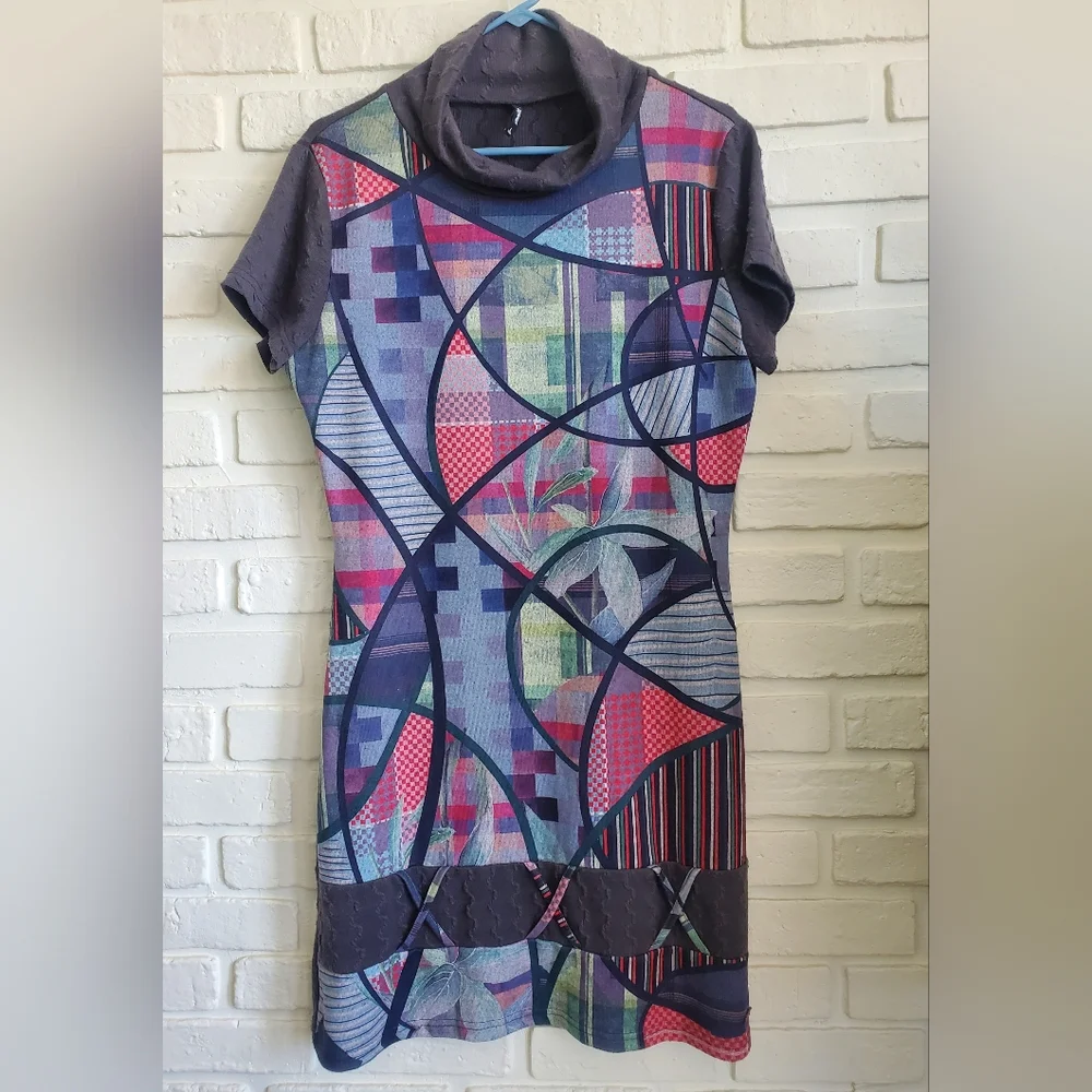 Smash! Abstract Patchwork Midi Cowl Neck Sweater Dress Short Sleeves Boho Hippie - Picture 5 of 16